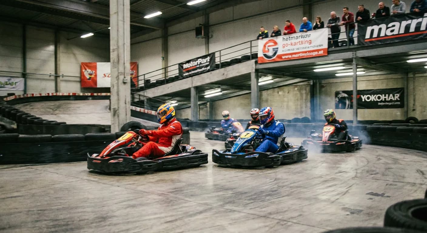 Kombikart-Circuit "De Landsard" - Indoor kartbaan in Nederland met racers op een verlichte racebaan