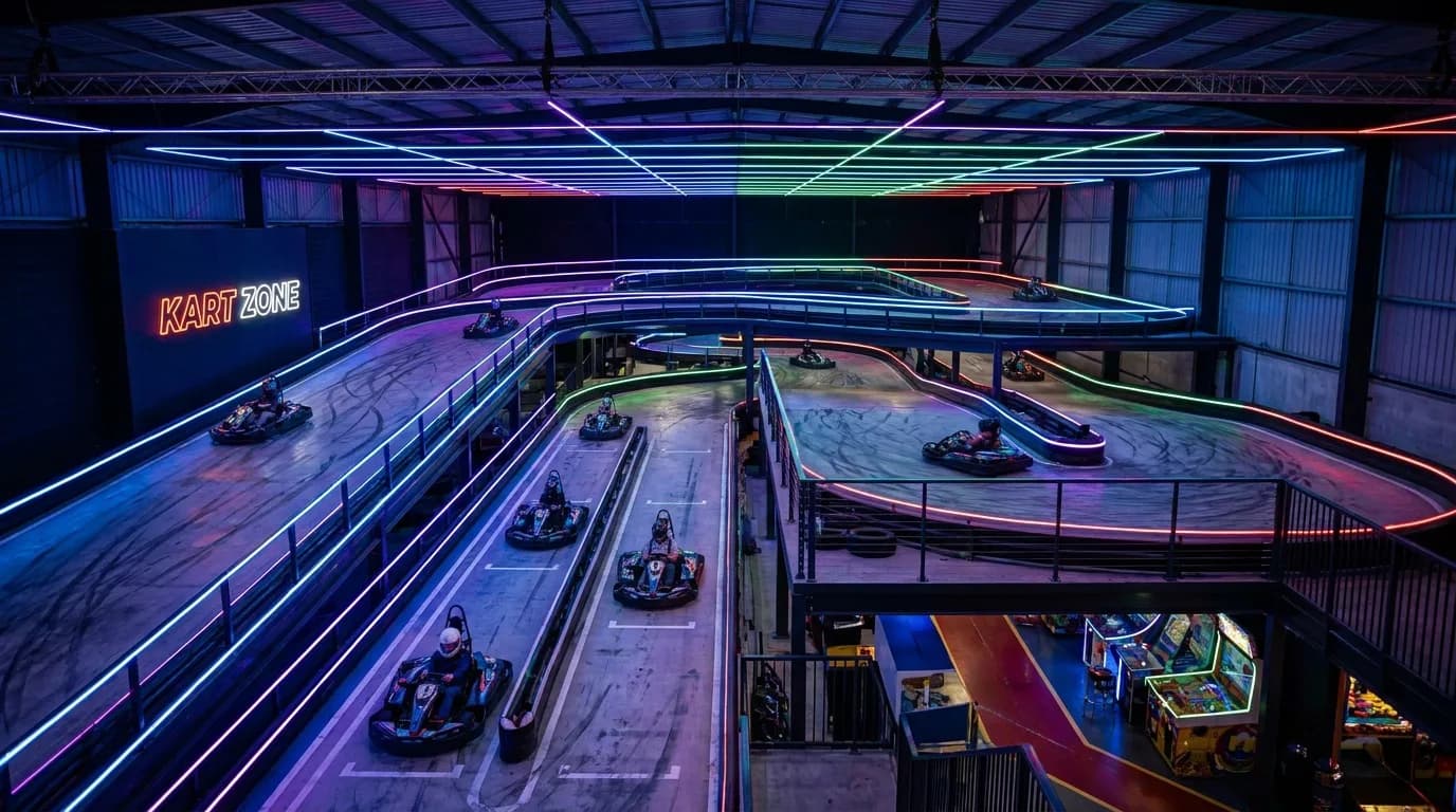 Circuit Park Berghem - Indoor kartbaan met neon led verlichting en karts op een meerlaagse racebaan