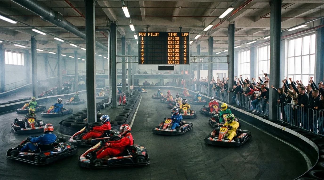 Gamecity Zoetermeer - Indoor kartbaan met racekarts scorebord en publiek langs de baan