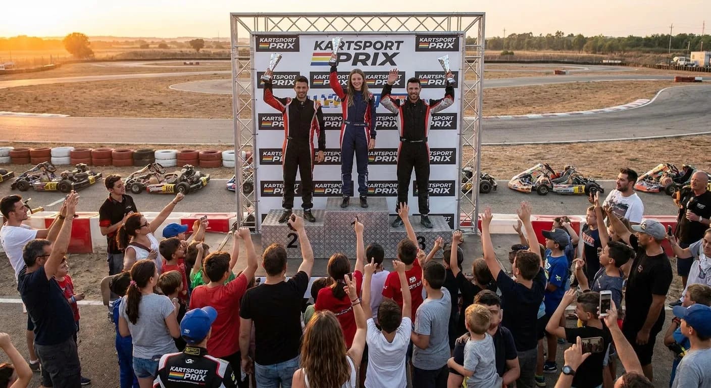 Silverstone - Karting prijsuitreiking met winnaars op het podium en trofeeën
