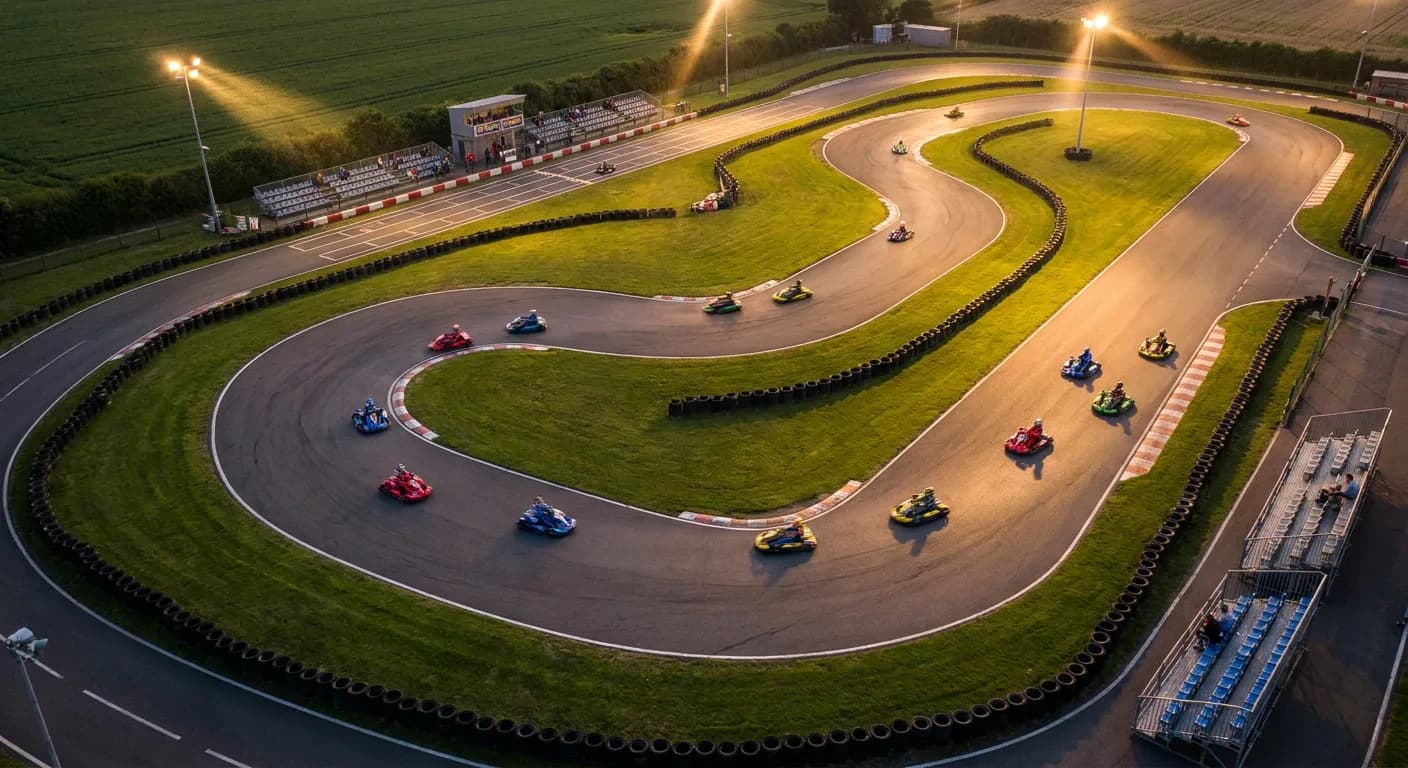 Outdoor kartbaan in Nederland met karts op een racecircuit bij zonsondergang
